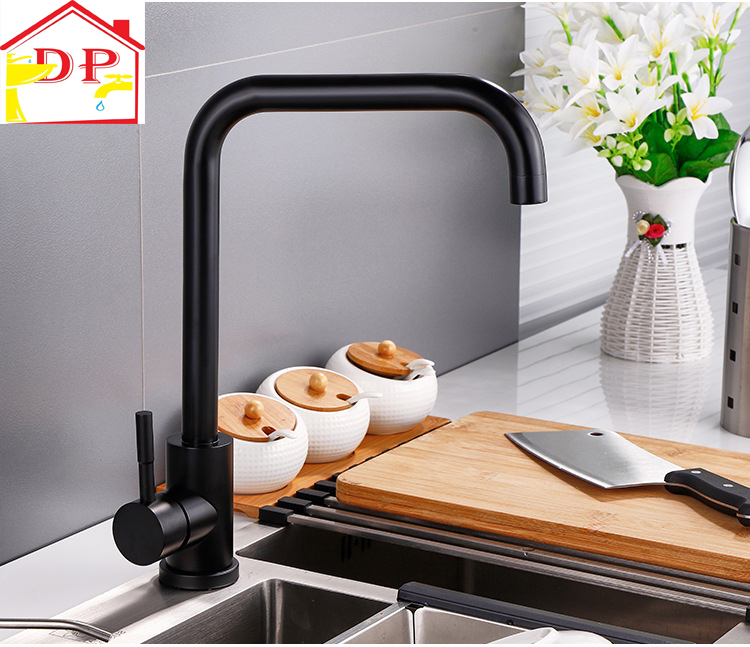 Vòi rửa bát, rửa chén nóng lạnh cần vuông inox mạ đen GIORMANI VRB24 kèm dây cấp nước inox