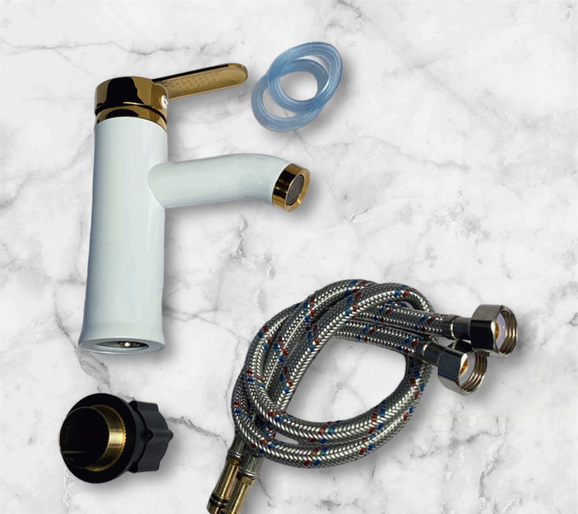 Vòi lavabo, vòi rửa mặt GIORMANI nóng lạnh vàng trắng cao cấp SNL51 kèm đôi dây cấp inox