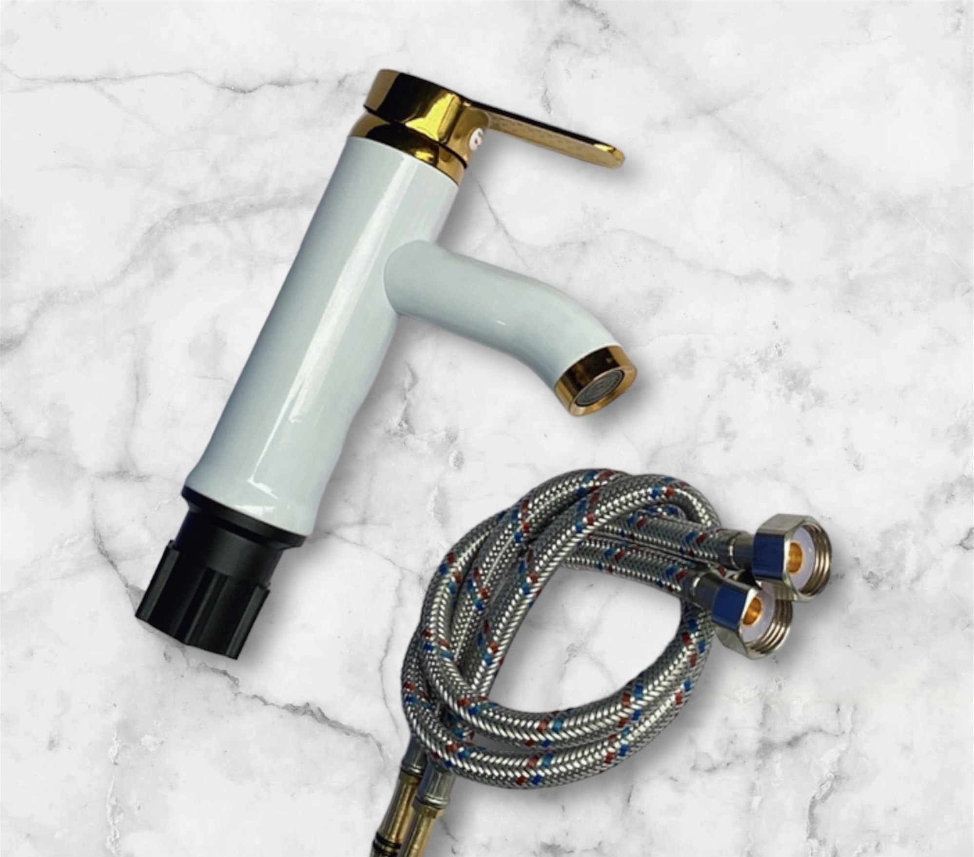 Vòi lavabo, vòi rửa mặt GIORMANI nóng lạnh vàng trắng cao cấp SNL51 kèm đôi dây cấp inox