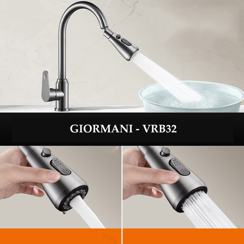 Vòi rửa bát, rửa chén nóng lạnh mạ tintan đầu vòi xoay 360 hai chế độ nước tiện dụng VRB32 kèm đôi dây cấp nước inox