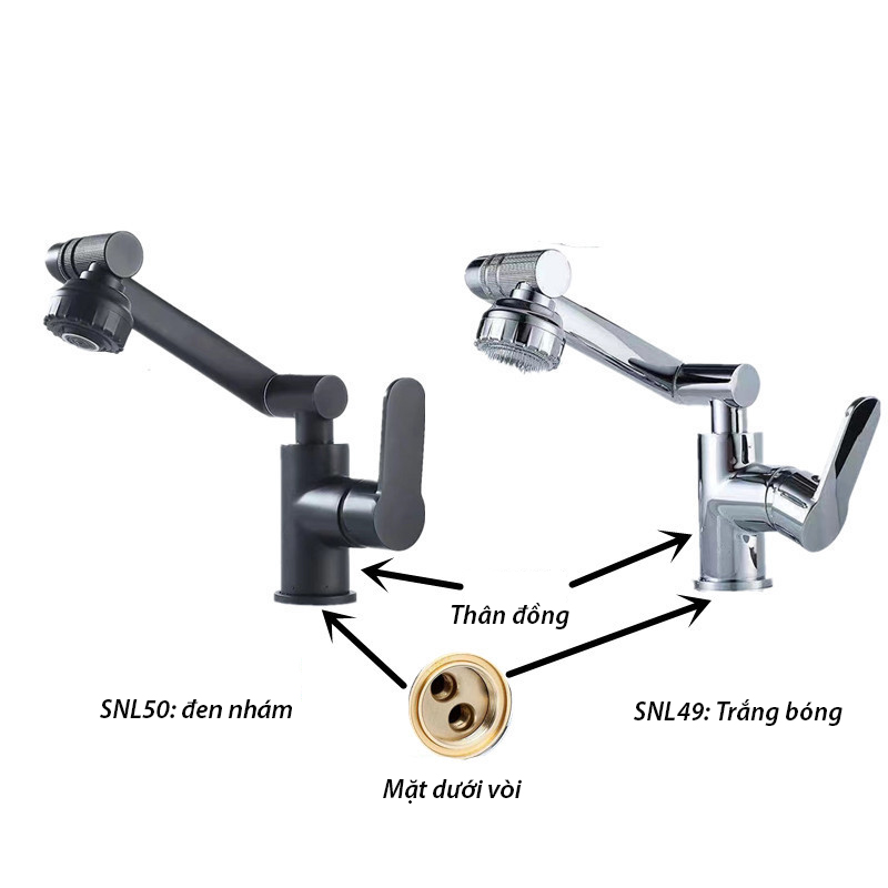 Vòi lavabo, vòi rửa mặt GIORMANI nóng lạnh cần xoay 360 độ  mạ đen SNL50 kèm đôi dây cấp inox