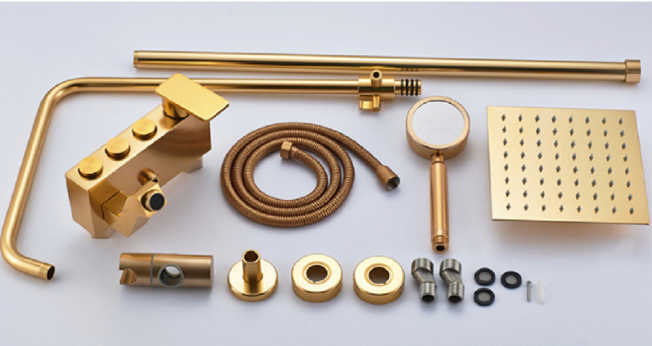 Bộ sen cây tắm GIORMANI nóng lạnh vàng ánh kim 3 nút kết hợp vòi lavabo vàng sứ cao cấp SC05-SNL21
