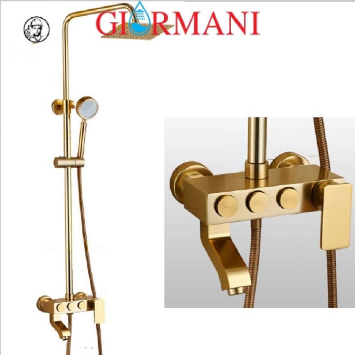 Bộ sen cây tắm GIORMANI nóng lạnh vàng ánh kim 3 nút kết hợp vòi lavabo vàng sứ cao cấp SC05-SNL21