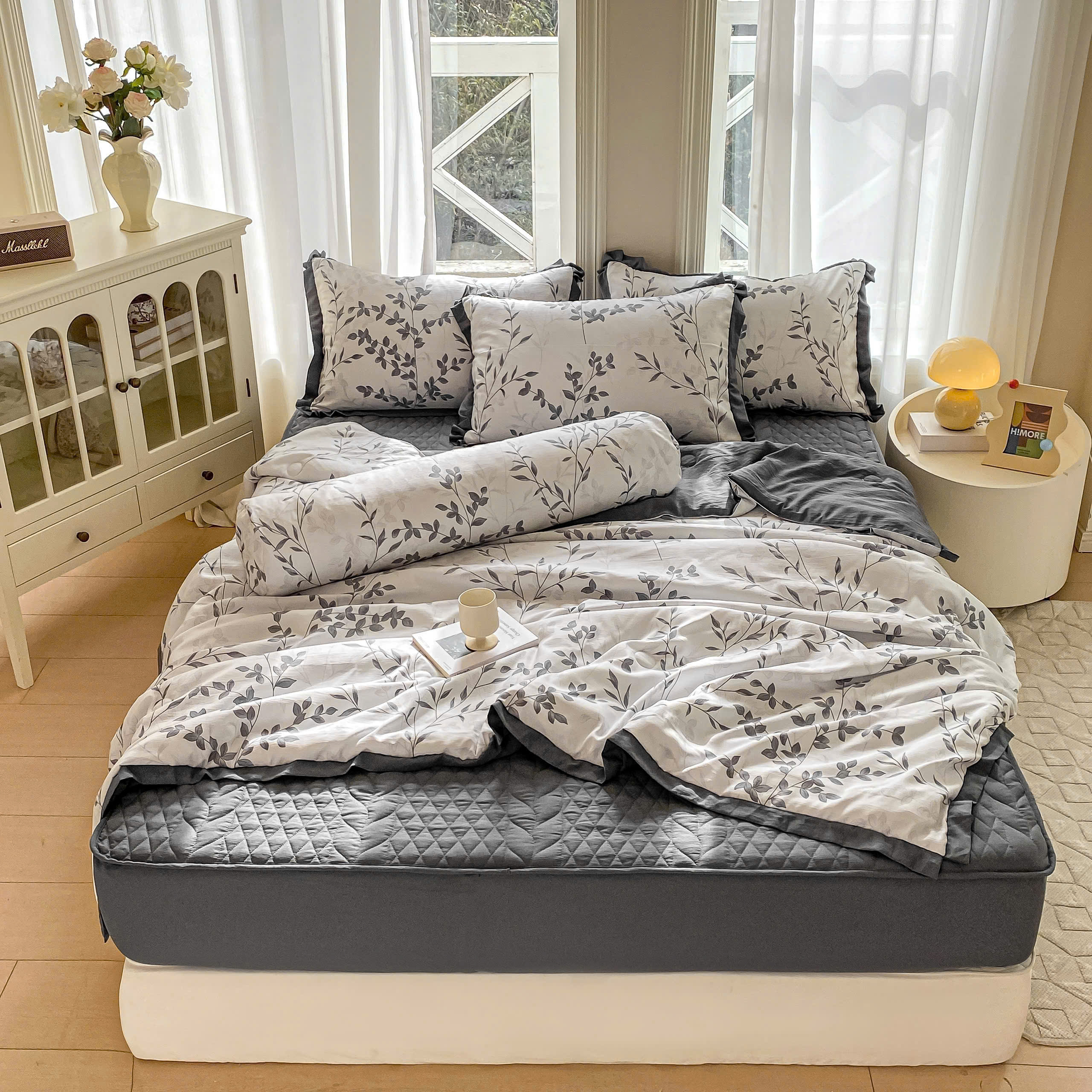 Bộ Chăn Ga Cotton Đũi Hàn Quốc 5 Món Chần Bông (BST 1)