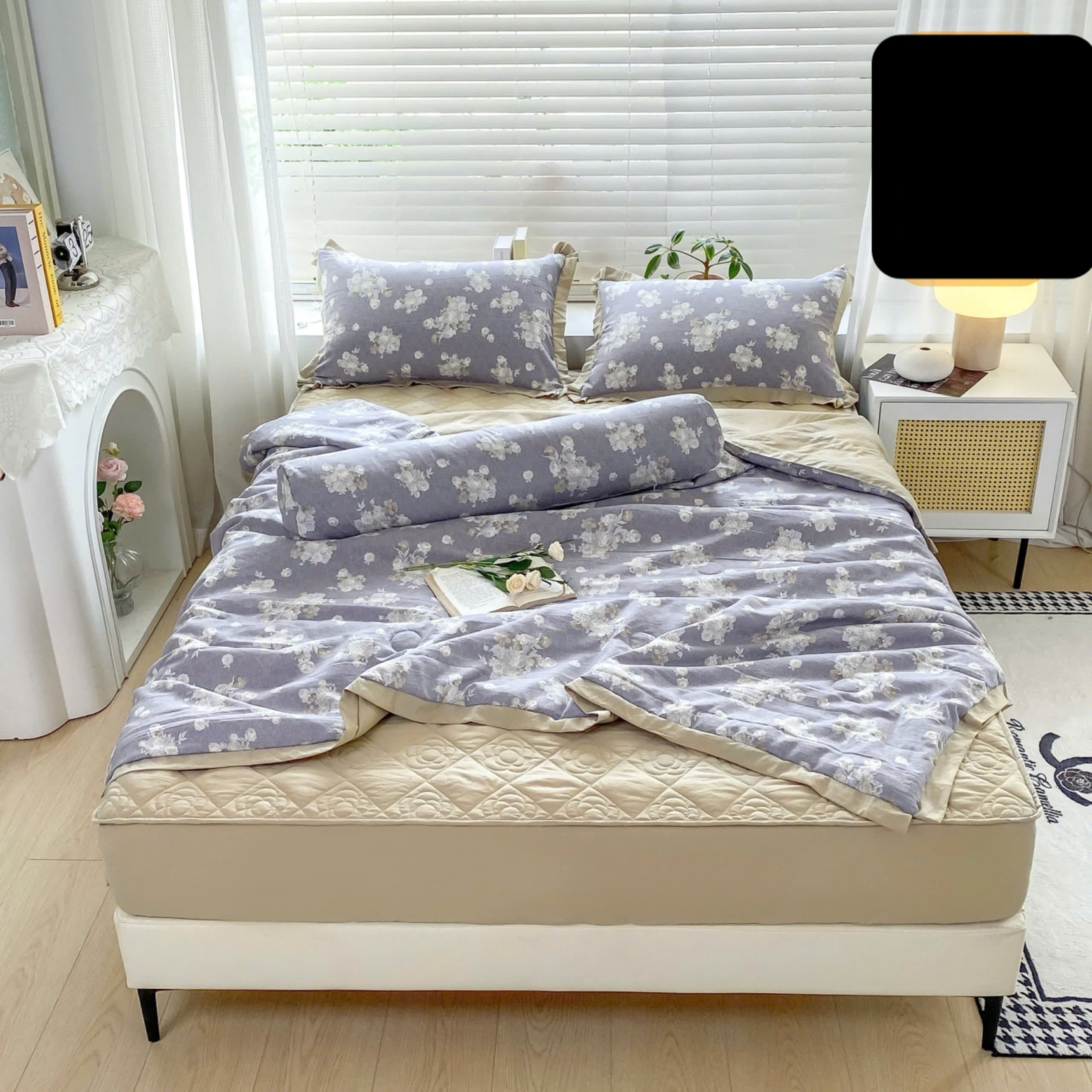 Bộ Chăn Ga Cotton Đũi Hàn Quốc 5 Món Chần Bông (BST 1)