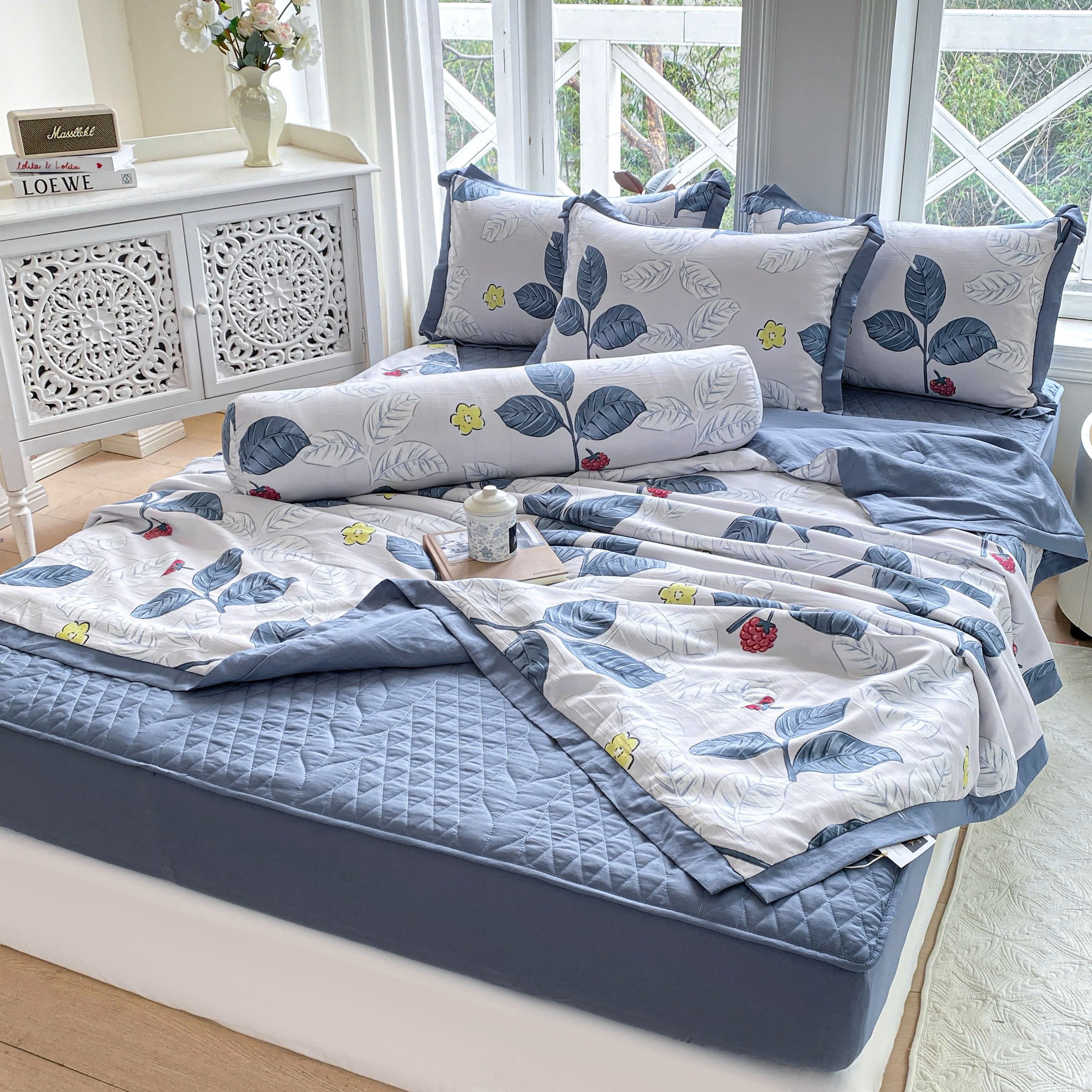 Bộ Chăn Ga Cotton Đũi Hàn Quốc 5 Món Chần Bông (BST 2)