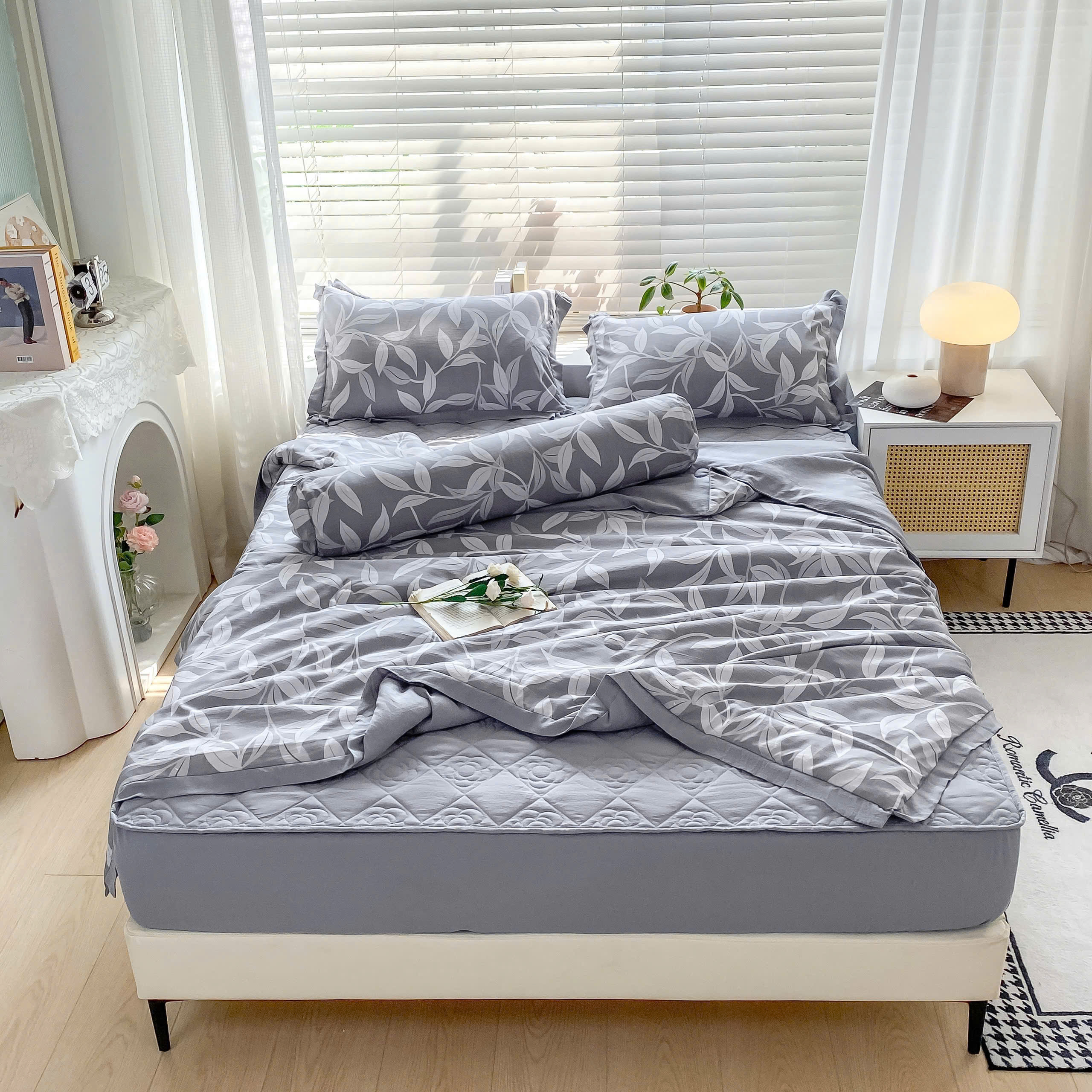 Bộ Chăn Ga Cotton Đũi Hàn Quốc 5 Món Chần Bông (BST 2)