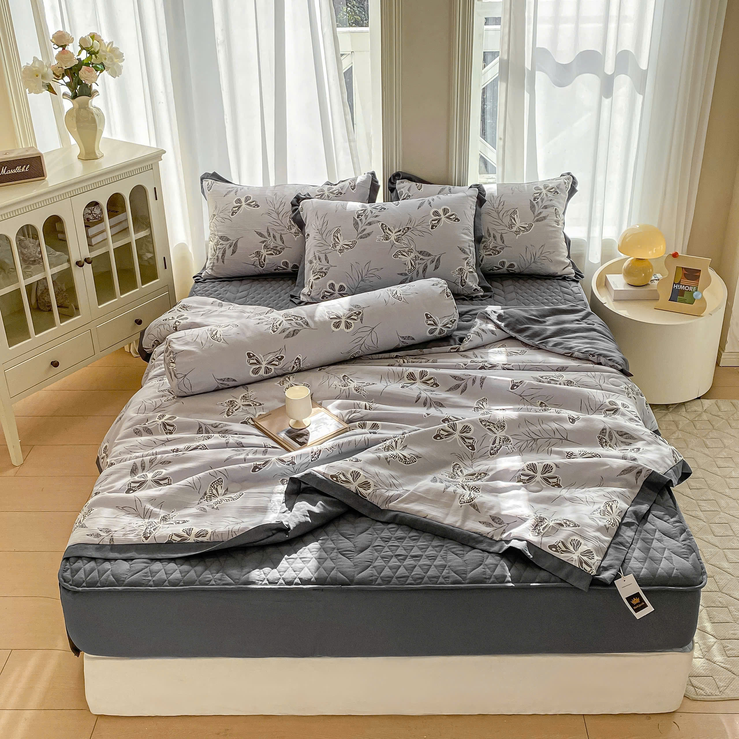 Bộ Chăn Ga Cotton Đũi Hàn Quốc 5 Món Chần Bông (BST 1)