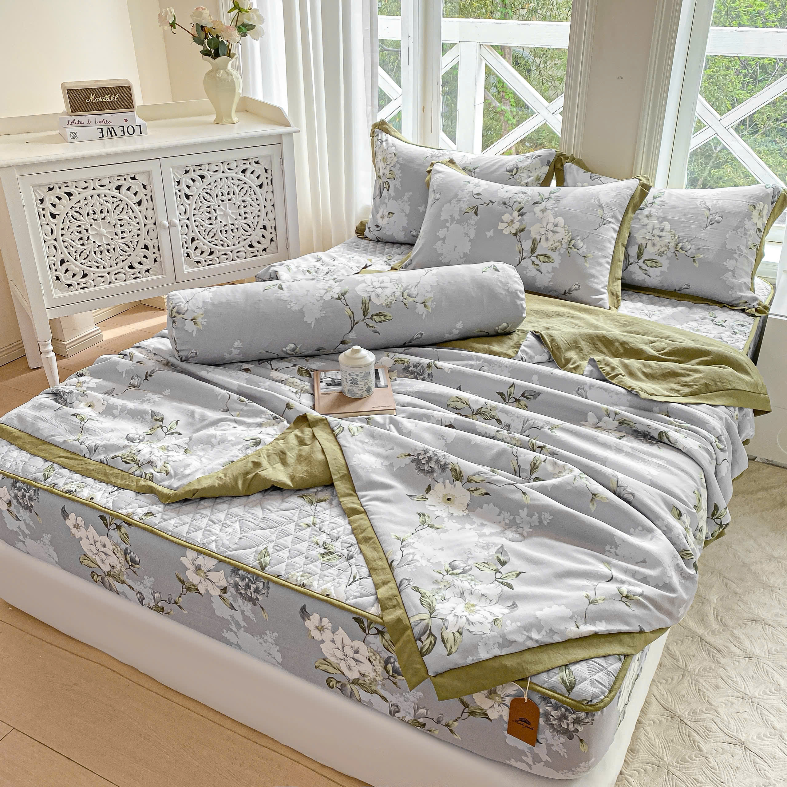 Bộ Chăn Ga Cotton Đũi Hàn Quốc 5 Món Chần Bông (BST 2)