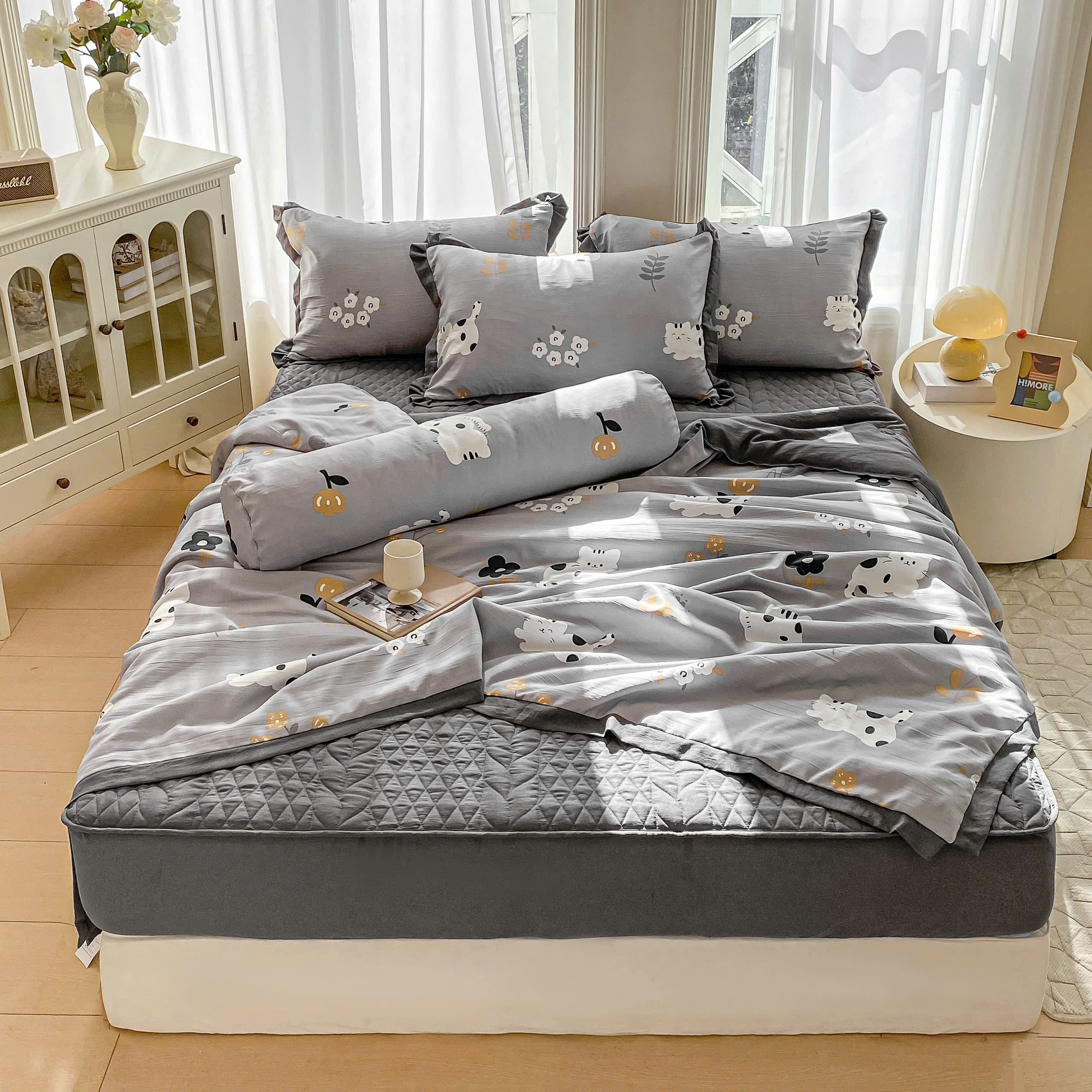 Bộ Chăn Ga Cotton Đũi Hàn Quốc 5 Món Chần Bông (BST 1)