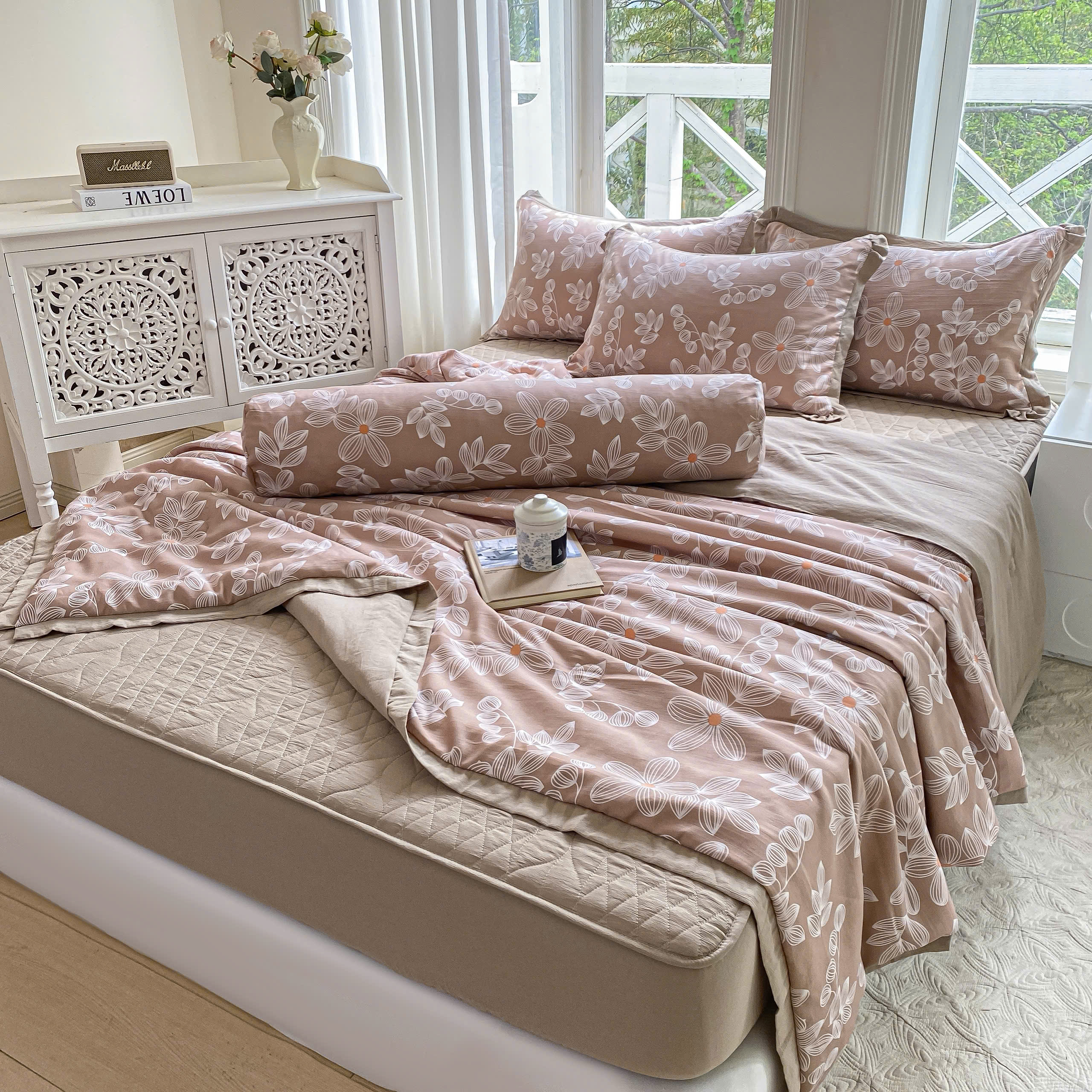 Bộ Chăn Ga Cotton Đũi Hàn Quốc 5 Món Chần Bông (BST 2)