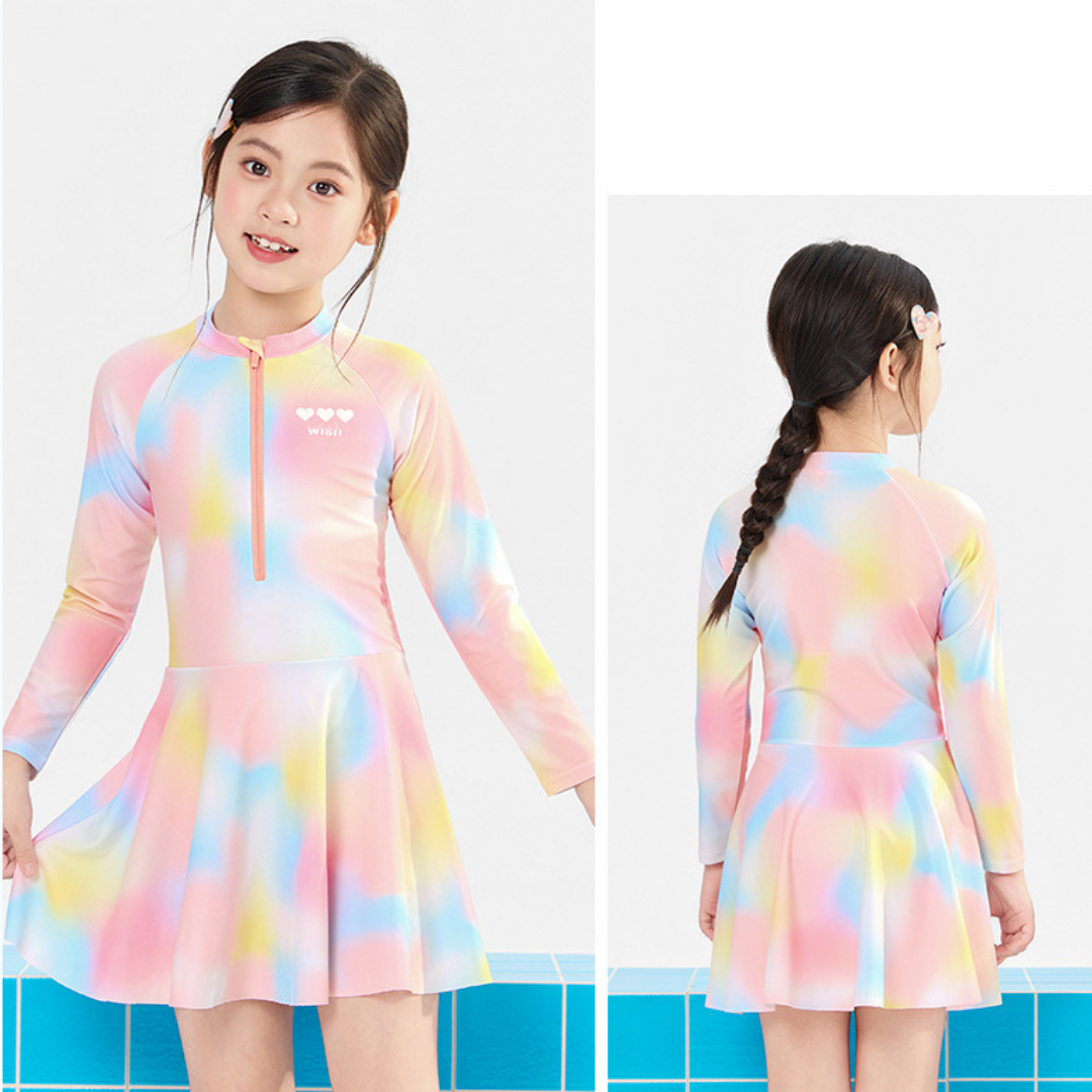 Đầm bơi WISH tay dài 2 lớp cho bé gái size đại từ 15 - 45Kg hiệu Yuke Mirilik