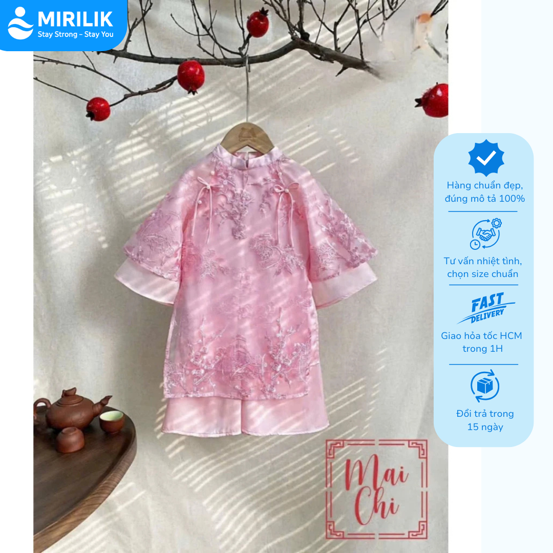 Áo Dài Bé Gái Cao Cấp Màu Hồng Pastel Áo Dài Thêu Hoa Tinh Xảo Dáng Công Chúa Lên Ảnh Xuất Sắc Mirilik