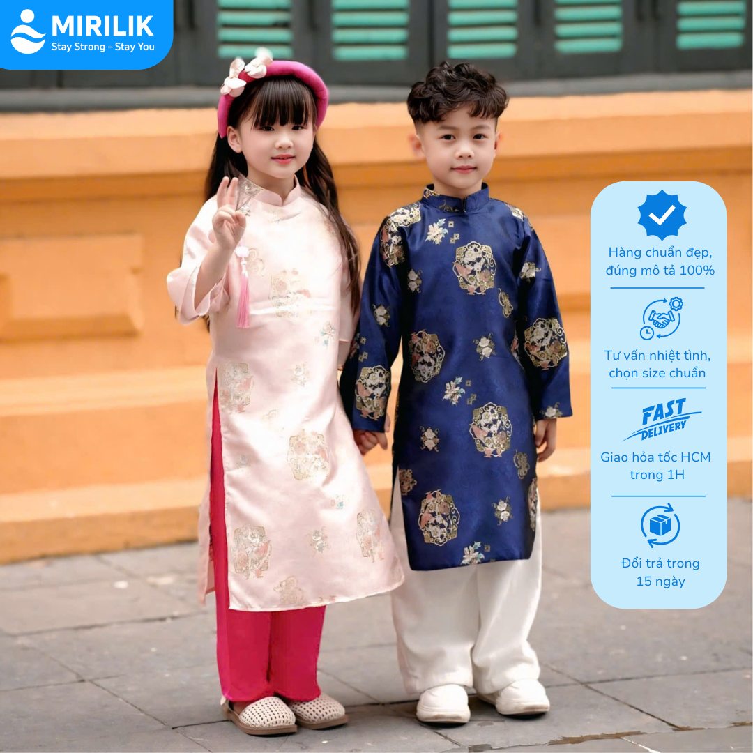 Áo Dài Bé Trai Áo Dài Bé Gái Tết 2026 Màu Hồng Màu Xanh Đáng Yêu Cho Bé Diện Tết Mirilik