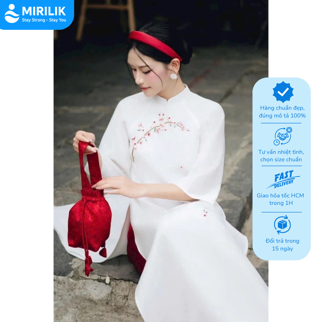 Áo dài nữ trắng thêu hoa Áo dài Tết 2026 cách tân dáng suông vải đính kết thủ công cao cấp Mirilik