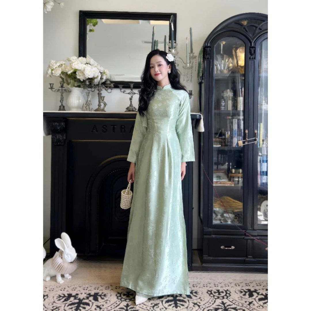 Áo Dài Gấm Cao Cấp Nữ Kèm Quần Lụa Ngọc Trai Thiết Kế Sang Trọng Dáng Dài Quý Phái Tết 2026 Chụp Ảnh