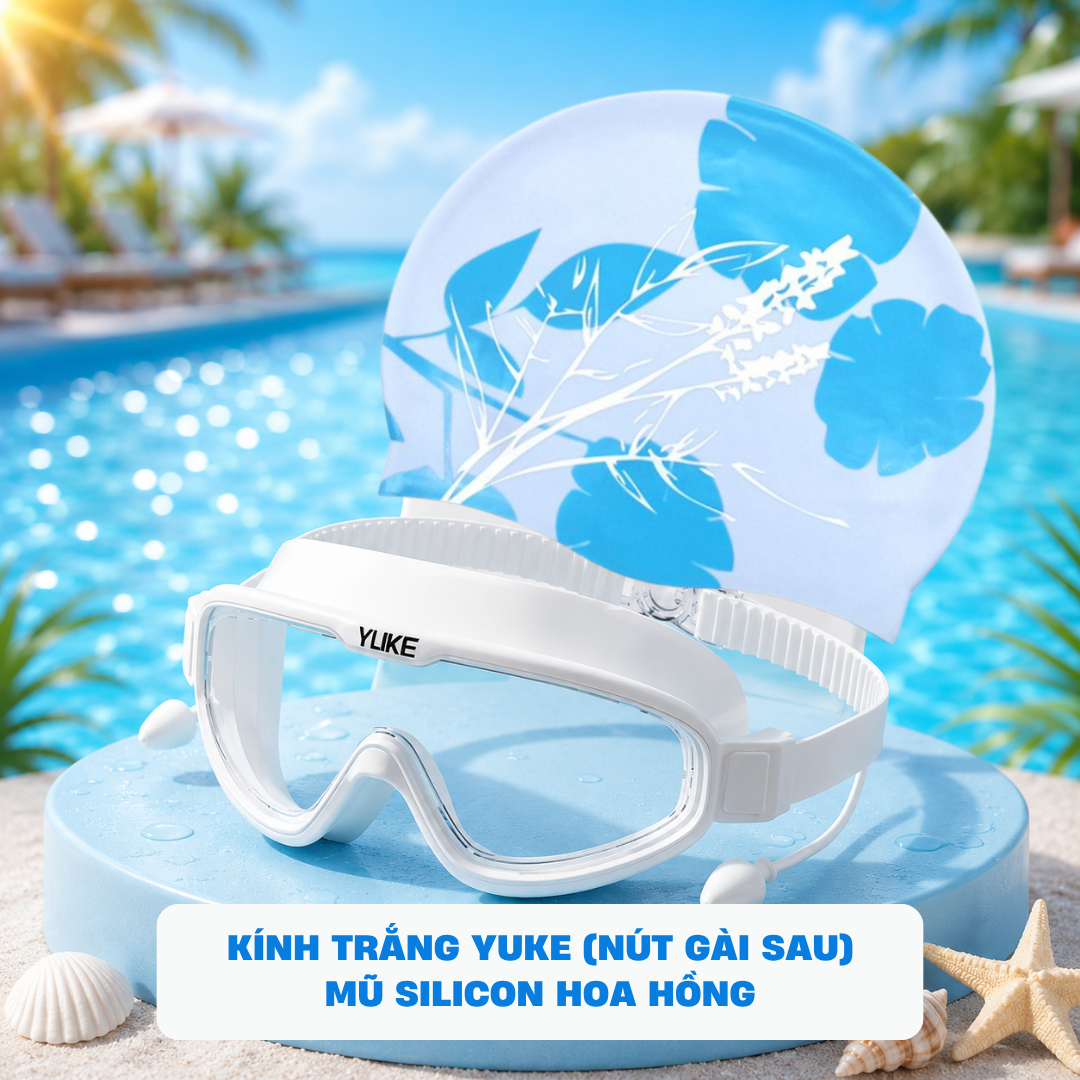Combo Kính Yuke Lớn - YUKE Trắng Nón Hoa Xanh (Nút Gài sau)