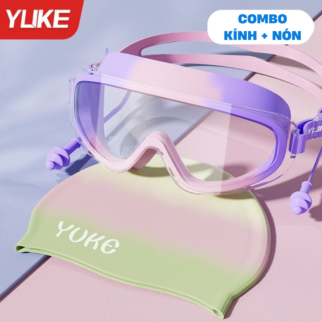 Kính bơi trẻ em gọng lớn góc nhìn rộng chính hãng YUKE bé trai bé gái Kính bơi cài khóa sau Mirilik - Combo Hồng Tím