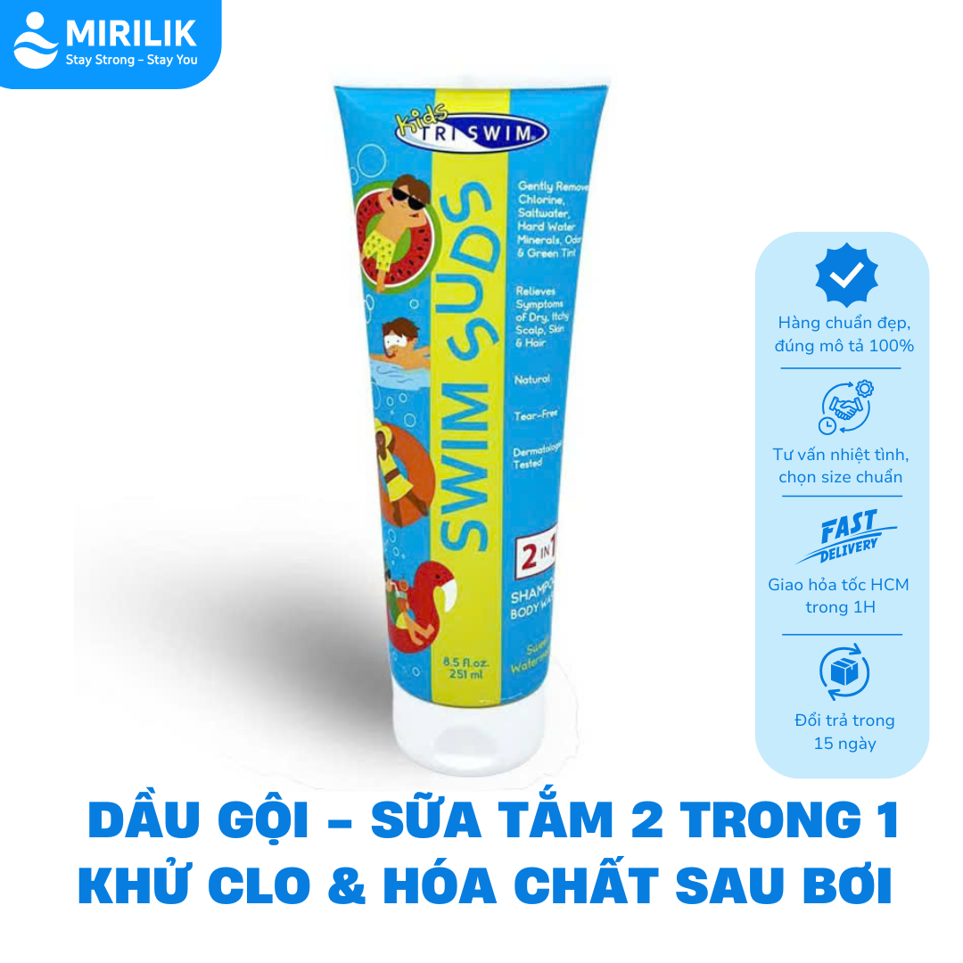 Dầu gội sữa tắm khử CLO 2 in 1 cho trẻ em bé trai bé gái hiệu TRISWIM Mỹ khử Clo muối biển hóa chất 2 trong 1 Mirilik
