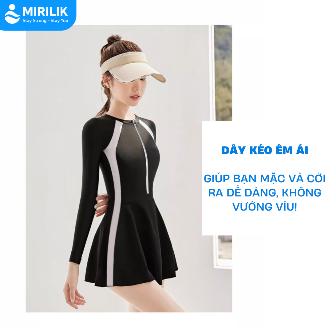 Váy bơi nữ tay dài Bikini liền thân cao cấp chống nắng Đầm bơi màu đen kín đáo YouYou - Yuri Sports