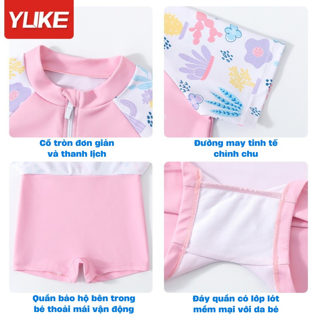 Đầm bơi liền thân bé gái tay ngắn màu tím Pastel váy bơi YUKE họa tiết cầu vồng dễ thương Mirilik