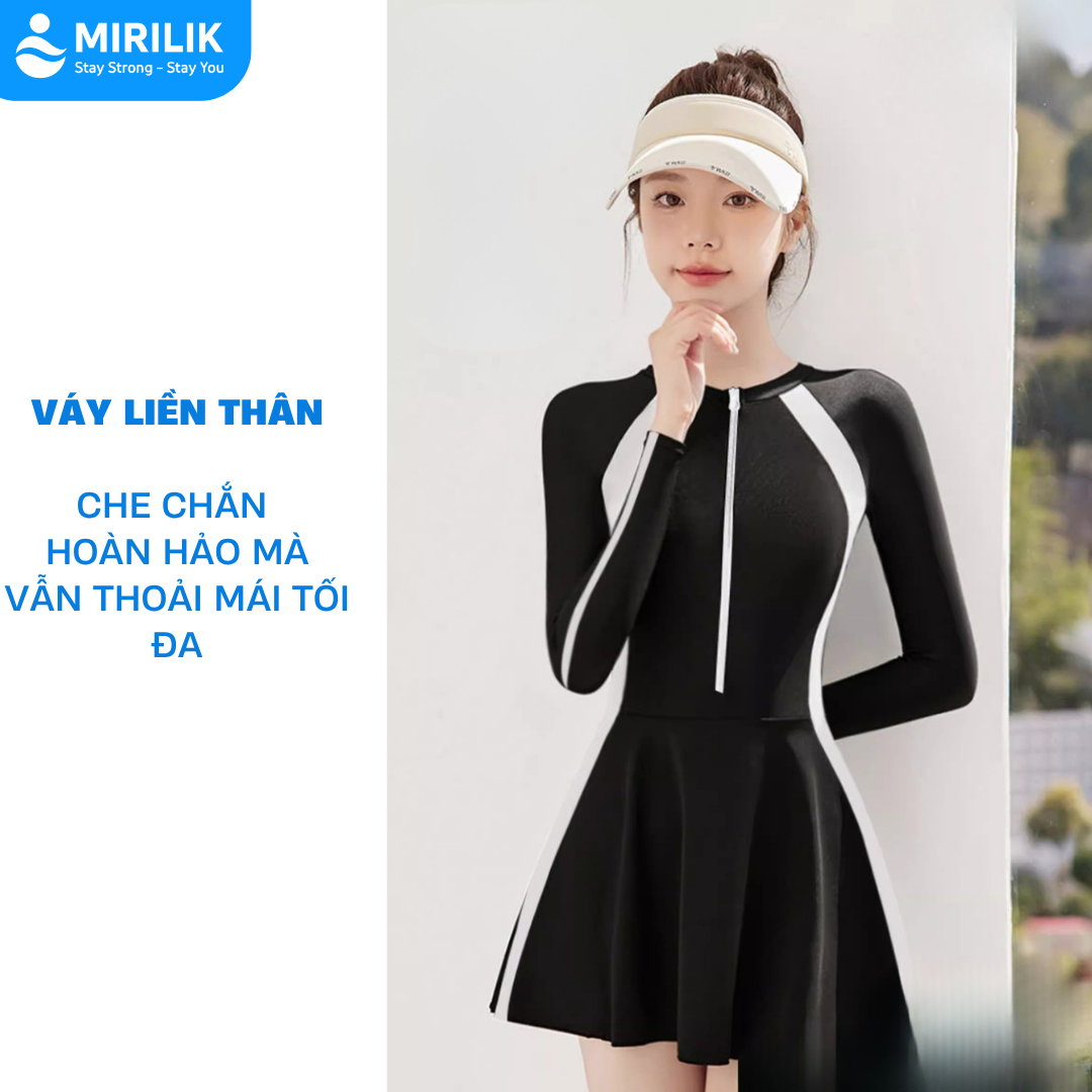 Váy bơi nữ tay dài Bikini liền thân cao cấp chống nắng Đầm bơi màu đen kín đáo YouYou - Yuri Sports