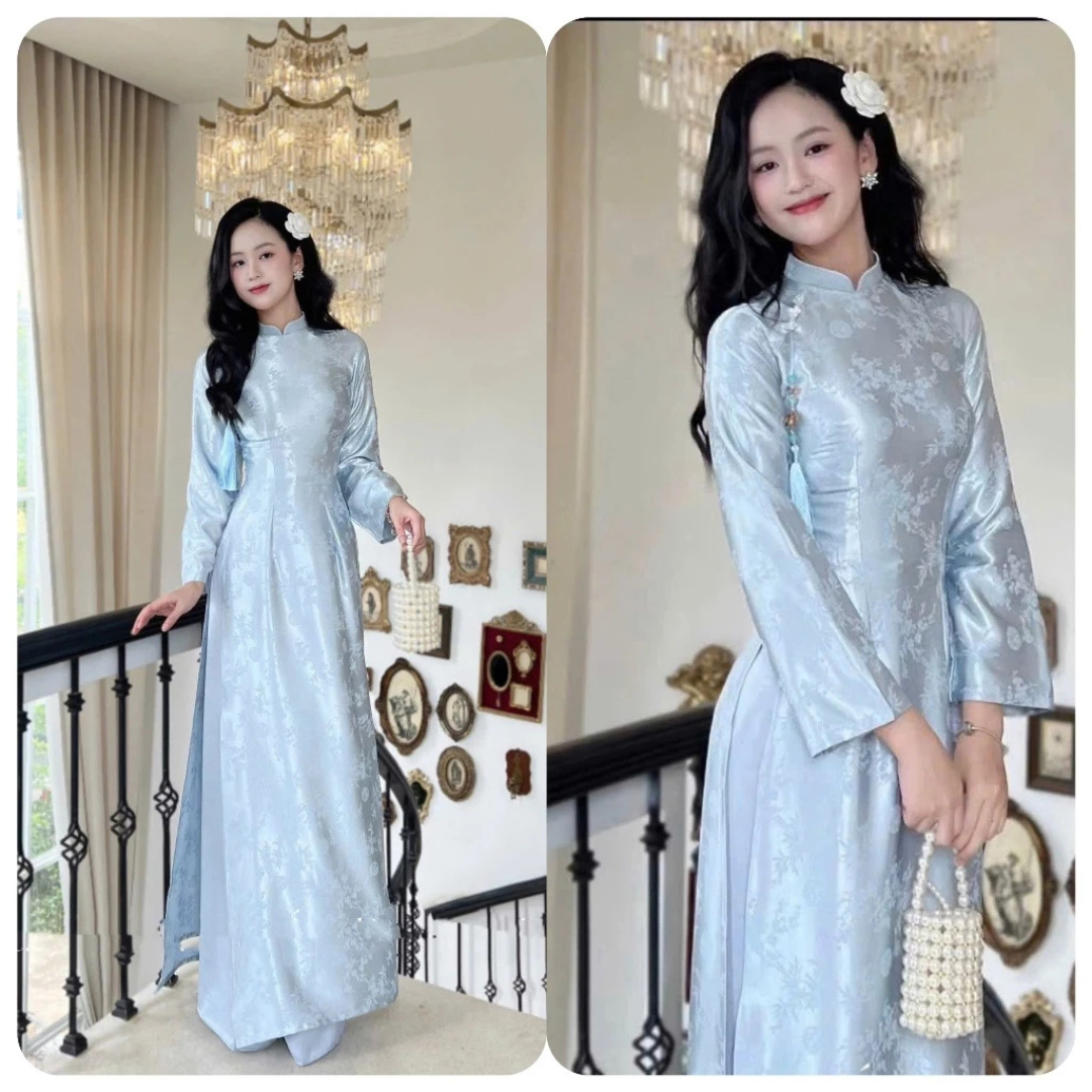 Áo Dài Gấm Cao Cấp Nữ Kèm Quần Lụa Ngọc Trai Thiết Kế Sang Trọng Dáng Dài Quý Phái Tết 2026 Chụp Ảnh
