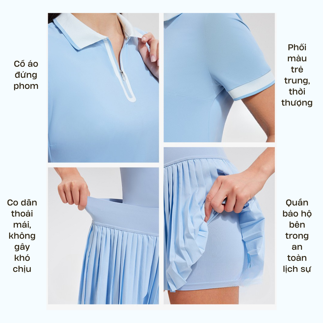 Áo thể thao cổ polo nữ kèm chân váy xếp ly SOLEYA MIRILIK tập gym yoga, chạy bộ, cầu lông pickleball