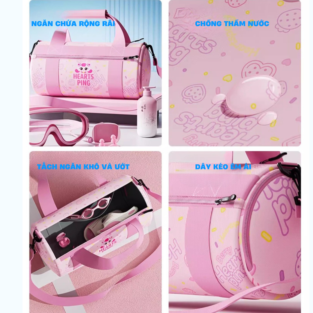 Túi đi bơi đựng đồ bơi có ngăn đựng đồ ướt đồ khô cho bé gái hiệu YouYou màu hồng tím Yuripromax