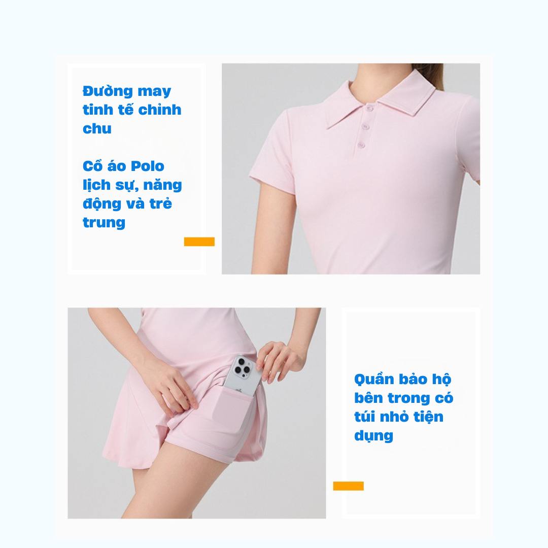 Đầm váy thể thao nữ đi tập Pickleball Tennis Golf cầu lông phong cách Hàn Quốc vải co giãn Yuriproma