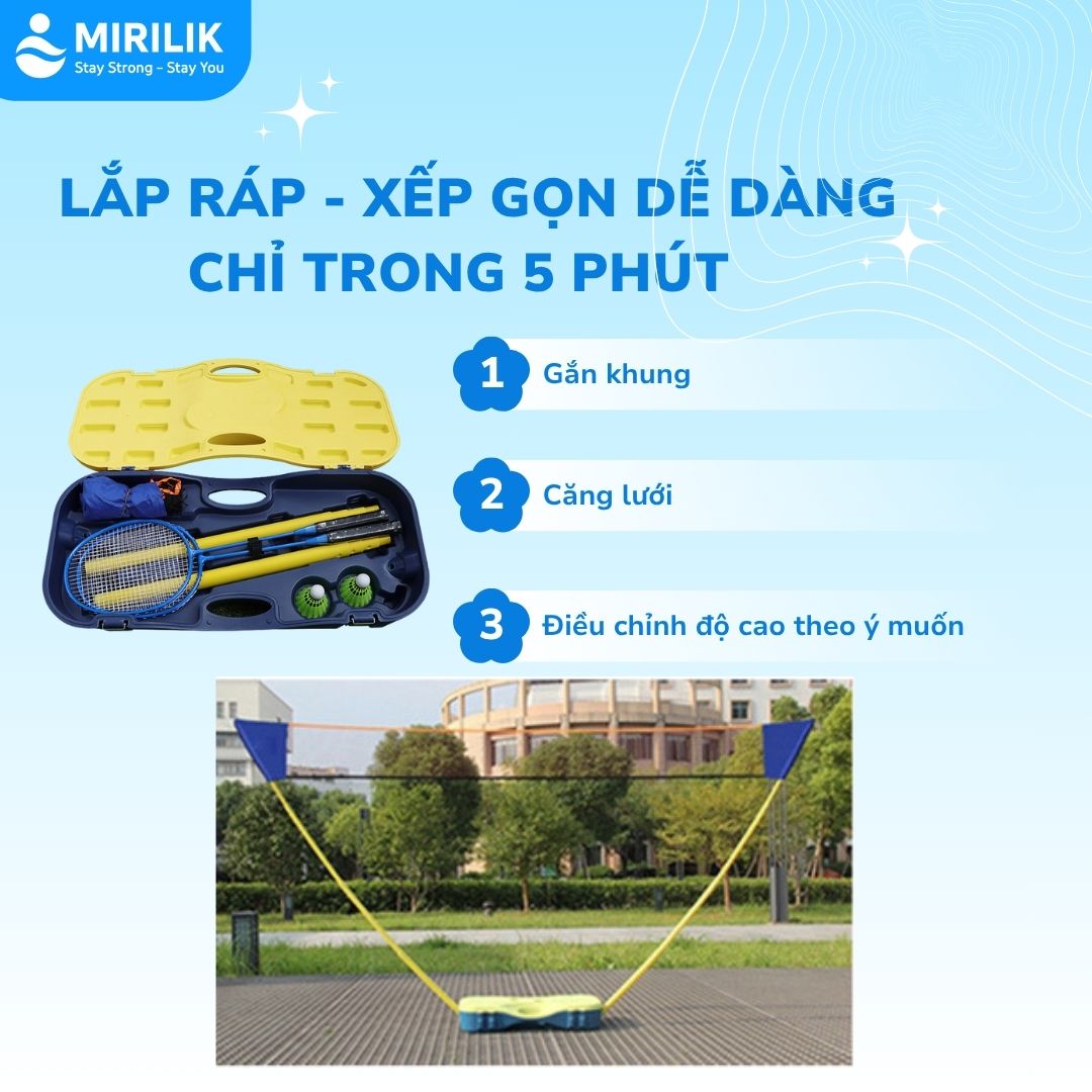Lưới Cầu Lông Gấp Gọn Có Trụ - Phụ Kiện Cầu Lông 3in1 Chính Hãng Giá Rẻ Dùng Cho Gia Đình Mirilik