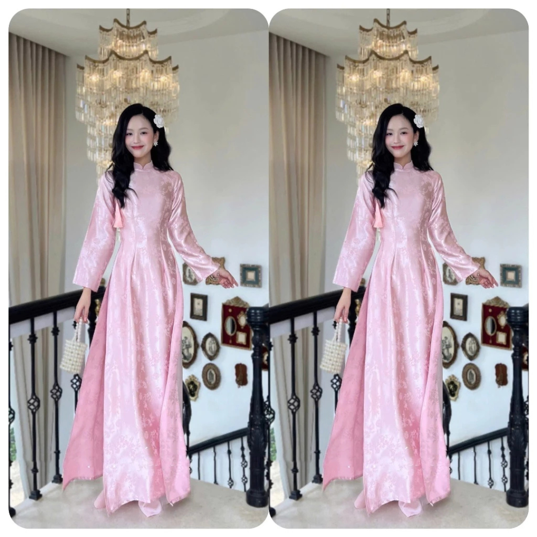 Áo Dài Gấm Cao Cấp Nữ Kèm Quần Lụa Ngọc Trai Thiết Kế Sang Trọng Dáng Dài Quý Phái Tết 2026 Chụp Ảnh
