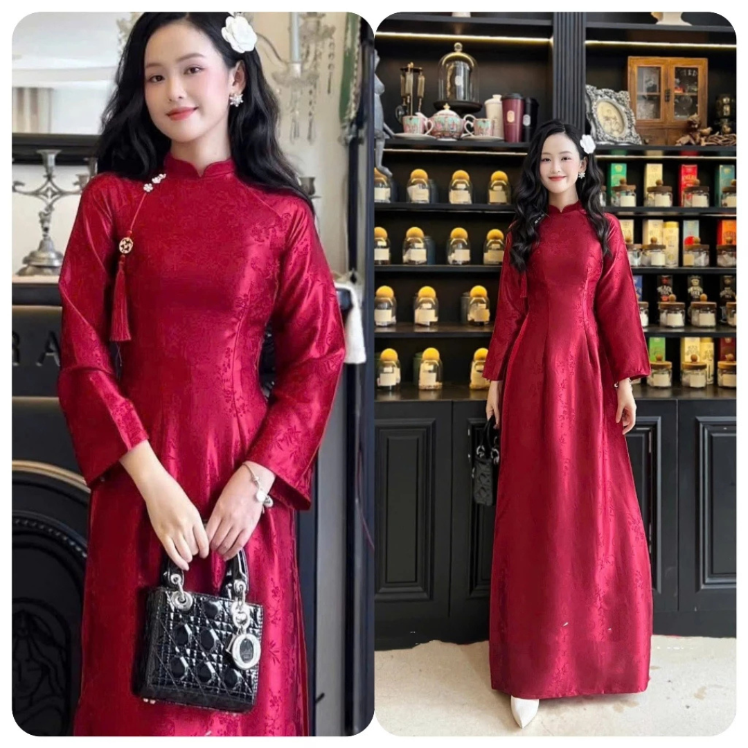 Áo Dài Gấm Cao Cấp Nữ Kèm Quần Lụa Ngọc Trai Thiết Kế Sang Trọng Dáng Dài Quý Phái Tết 2026 Chụp Ảnh