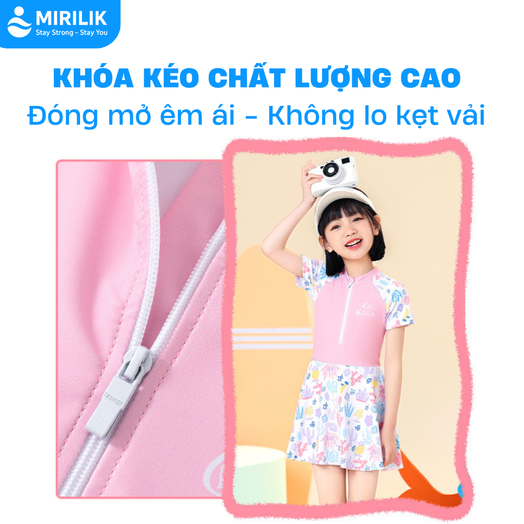 Đầm bơi liền thân bé gái tay ngắn màu tím Pastel váy bơi YUKE họa tiết cầu vồng dễ thương Mirilik