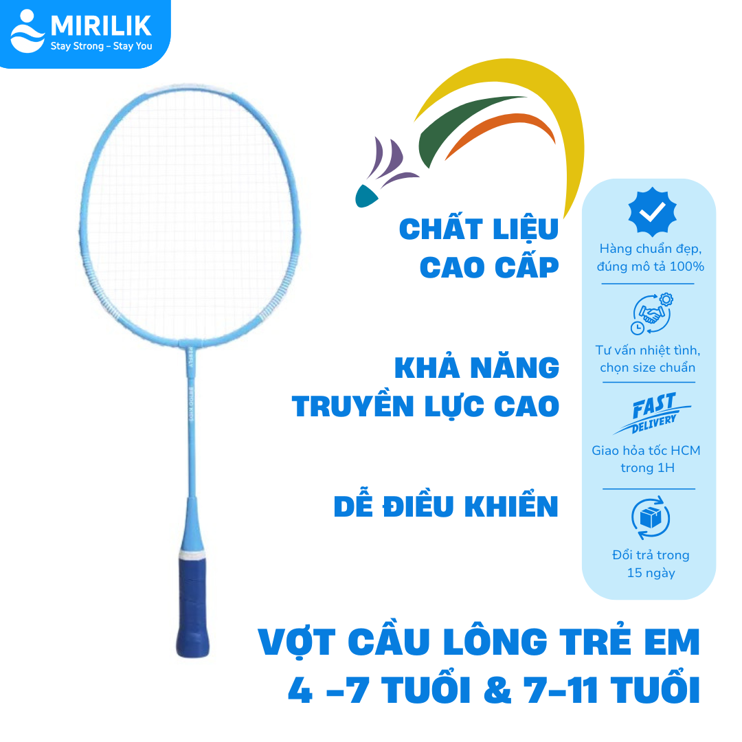 Vợt cầu lông BR 100 cán thép cho bé trai bé gái 4-7 tuổi Perfly Xanh Nhạt MIRILIK