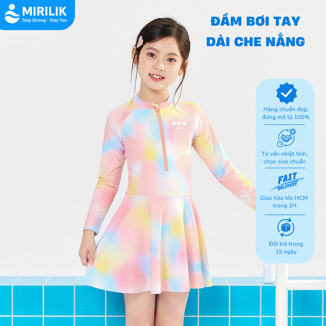 Đầm bơi WISH tay dài 2 lớp cho bé gái size đại từ 15 - 45Kg hiệu Yuke Mirilik