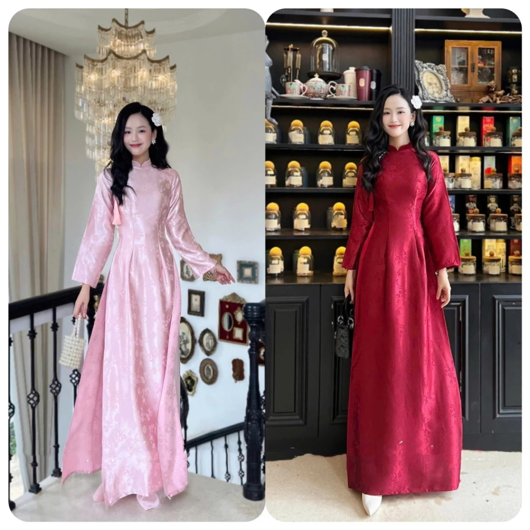 Áo Dài Gấm Cao Cấp Nữ Kèm Quần Lụa Ngọc Trai Thiết Kế Sang Trọng Dáng Dài Quý Phái Tết 2026 Chụp Ảnh