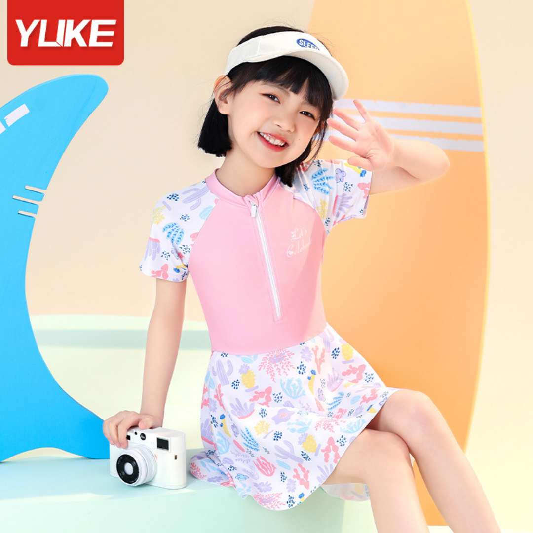 Đầm bơi liền thân bé gái tay ngắn màu tím Pastel váy bơi YUKE họa tiết cầu vồng dễ thương Mirilik