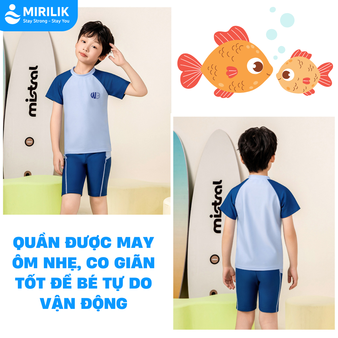 Bộ Đồ bơi bé trai Size đại từ 11 - 45 Kg áo bơi tay ngắn quần ngắn thoáng mát chống nắng cá Mirilik