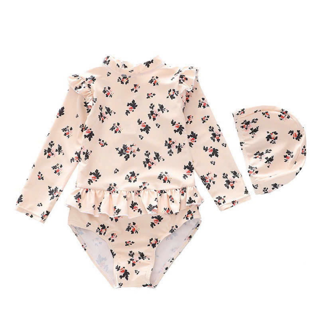 Đồ bơi bé gái tay dài 8-25kg kèm nón - Bộ jumpsuit bơi hoa nhí dễ thương YIBAIDU YURIPROMAX