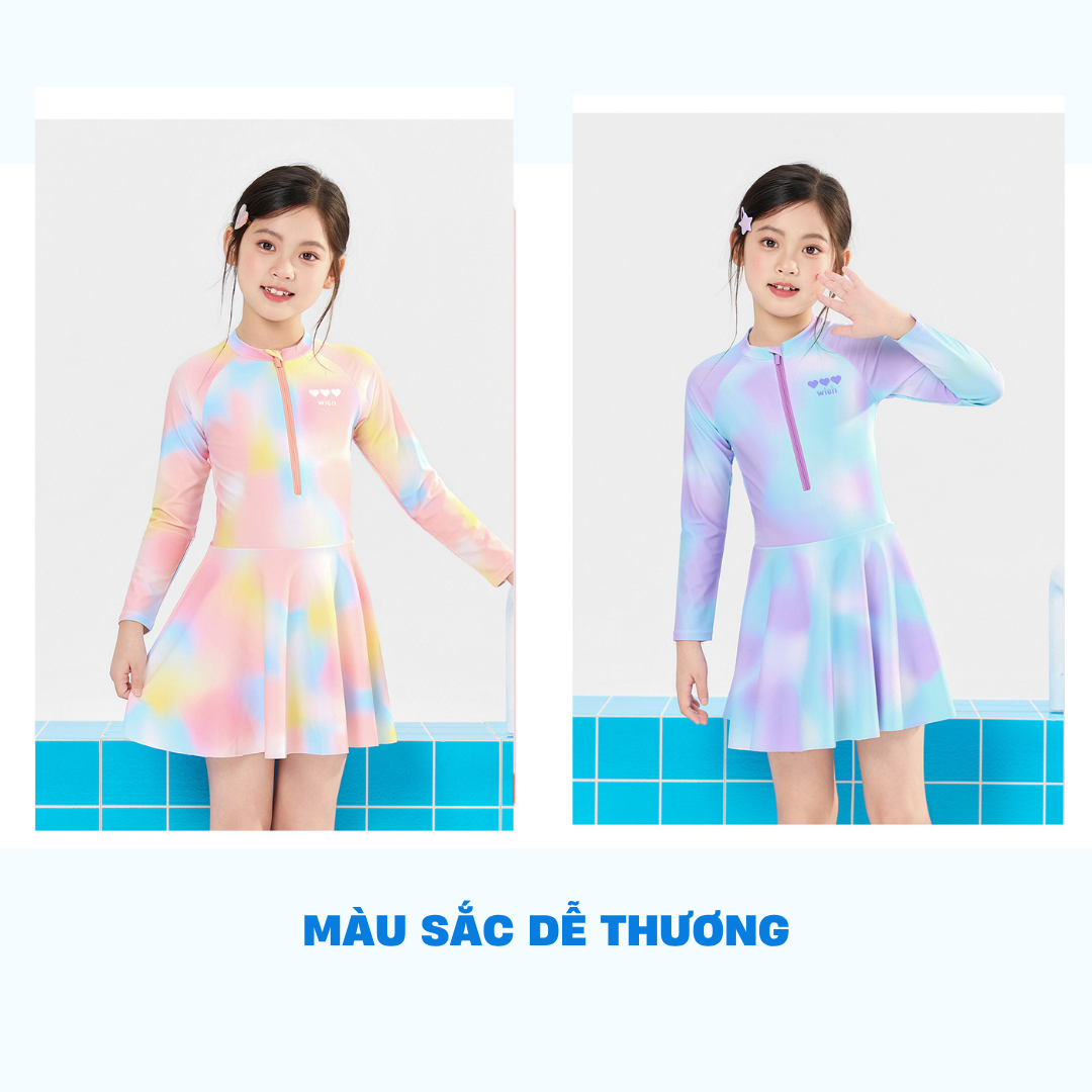Đầm bơi WISH tay dài 2 lớp cho bé gái size đại từ 15 - 45Kg hiệu Yuke Mirilik