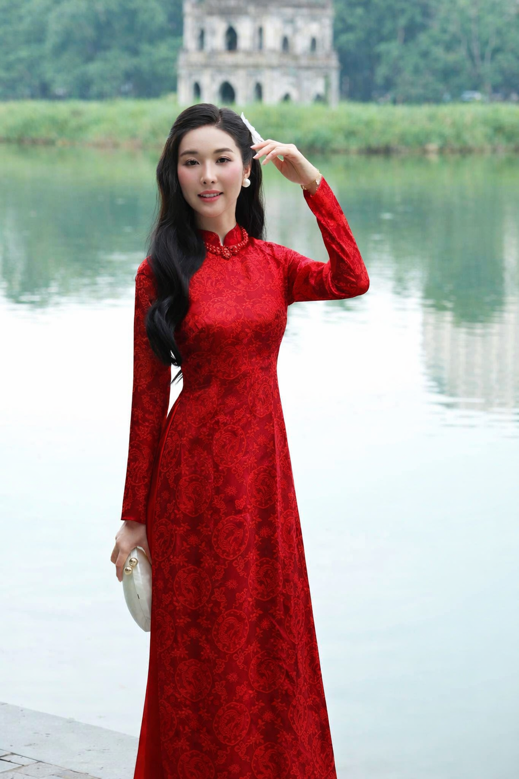 Áo Dài Gấm Bạch Phượng Cao Cấp Nữ Kèm Quần Lụa Ngọc Trai Thiết Kế Sang Trọng Dáng Dài Quý Phái Tết 2026 Chụp Ảnh
