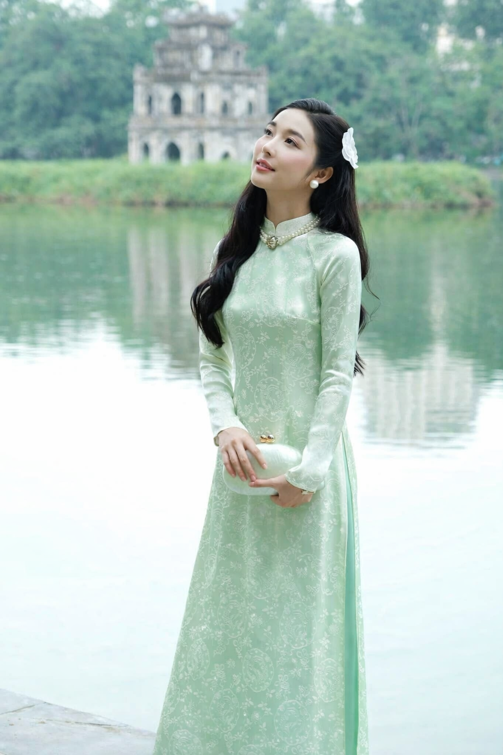 Áo Dài Gấm Bạch Phượng Cao Cấp Nữ Kèm Quần Lụa Ngọc Trai Thiết Kế Sang Trọng Dáng Dài Quý Phái Tết 2026 Chụp Ảnh