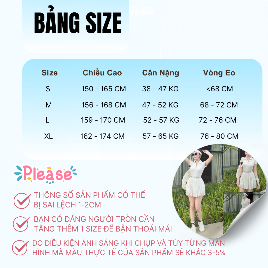 Set Áo thể thao cổ polo nữ VYRA MIRILIK tập gym yoga, chạy bộ, cầu lông, pickleball váy voan xếp ly