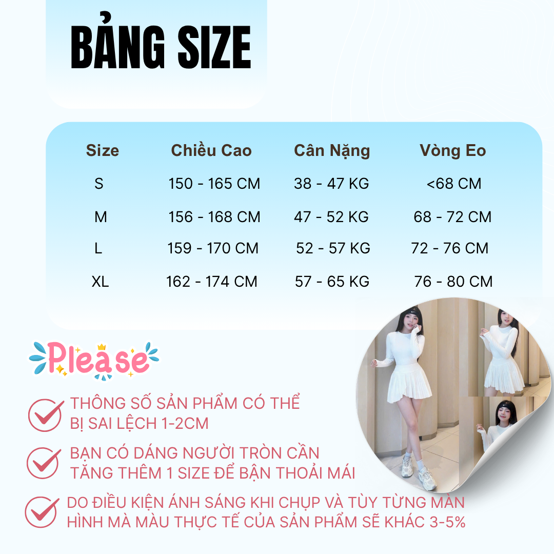 Bộ đồ tập thể thao nữ Pickleball Tennis áo thun tay dài chân váy xếp ly ngắn màu trắng MIRILIK