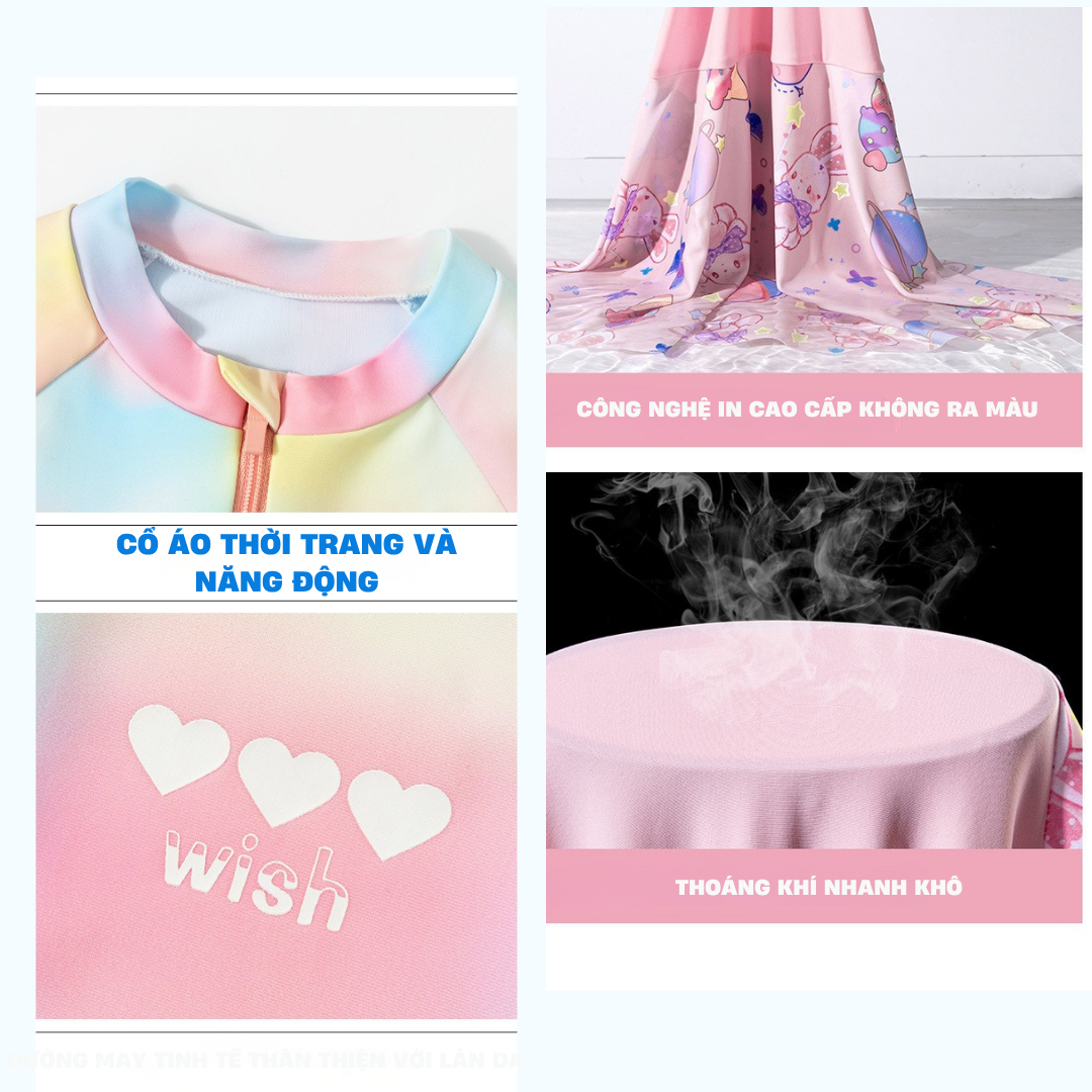 Đầm bơi WISH tay dài 2 lớp cho bé gái size đại từ 15 - 45Kg hiệu Yuke Mirilik