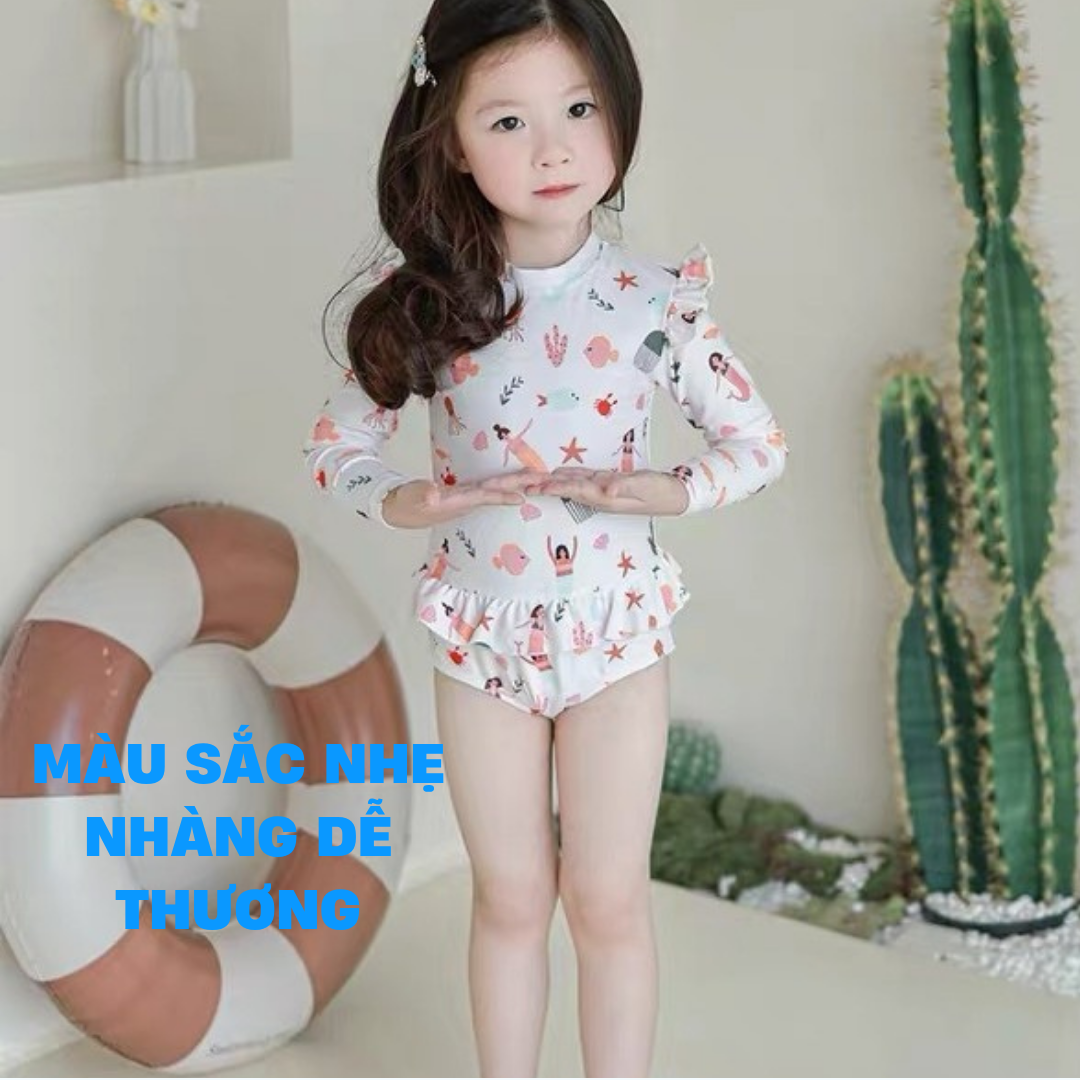 Đồ bơi bé gái tay dài 8-25kg kèm nón - Bộ jumpsuit bơi hoa nhí dễ thương YIBAIDU YURIPROMAX