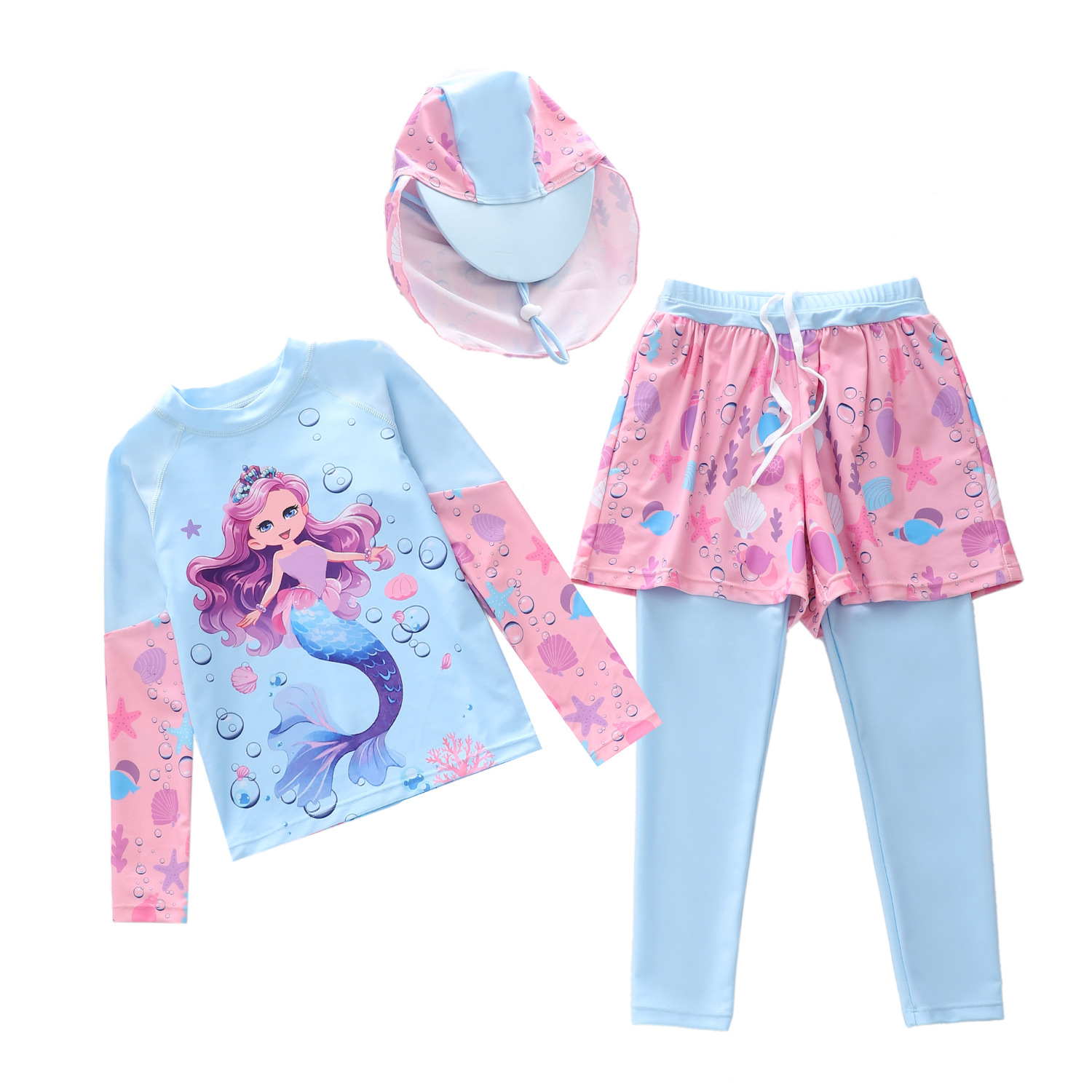 Sét bộ áo bơi tay dài quần bơi dài bé gái từ 15 - 35kg hình nàng tiên cá 2 lớp đi bơi YURIPROMAX