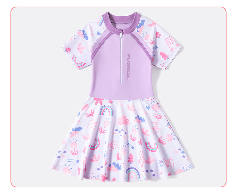Đầm bơi liền thân bé gái tay ngắn màu tím Pastel váy bơi YUKE họa tiết cầu vồng dễ thương Mirilik