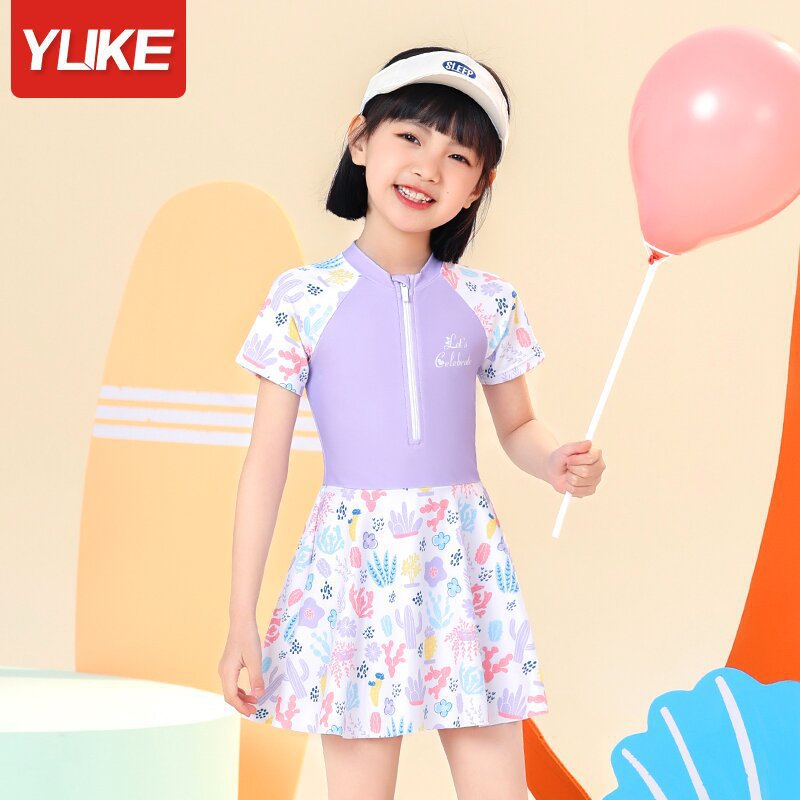 Đầm bơi liền thân bé gái tay ngắn màu tím Pastel váy bơi YUKE họa tiết cầu vồng dễ thương Mirilik